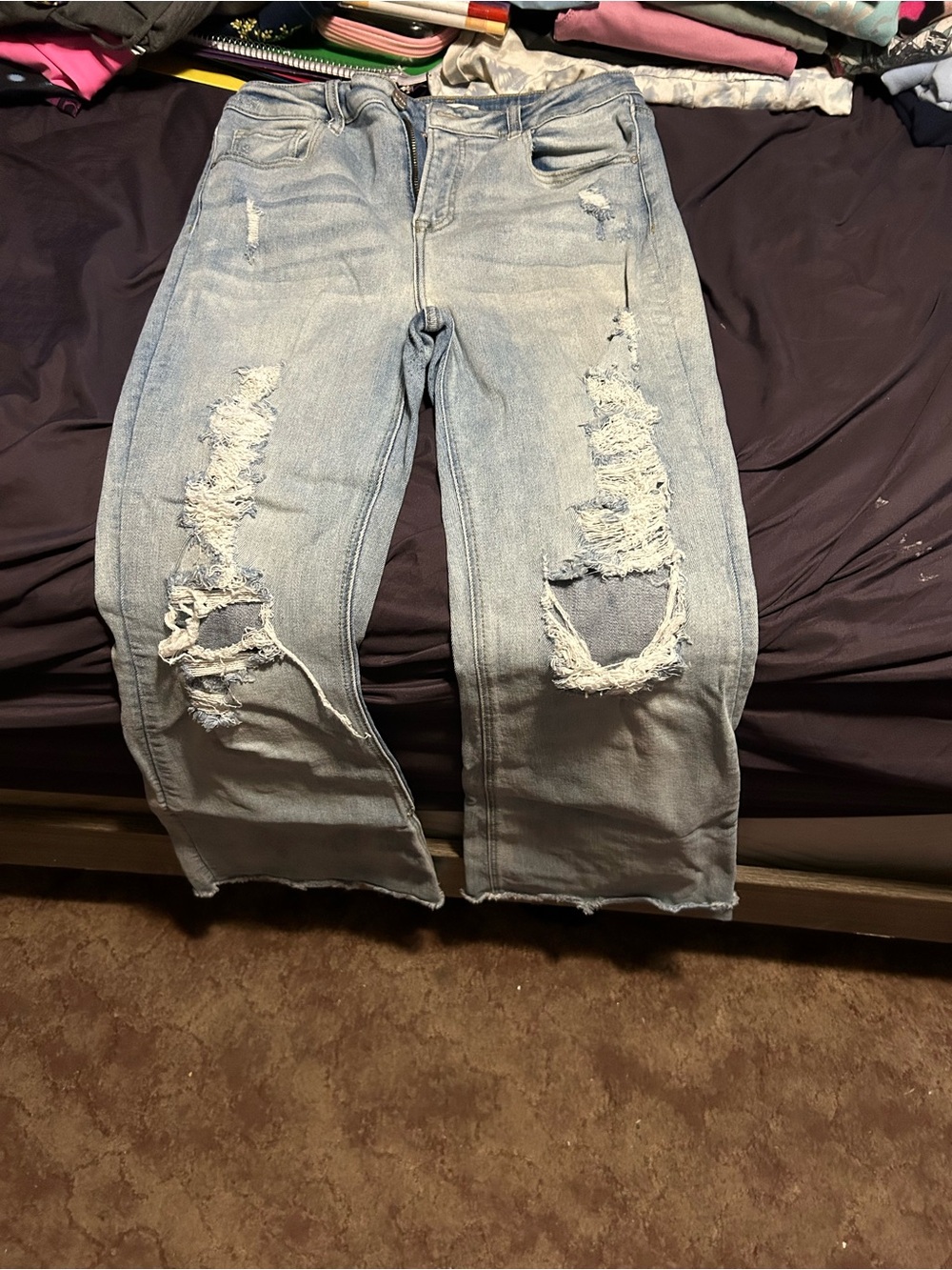 Light Blue Distressed Wide-Leg Jeans - Women